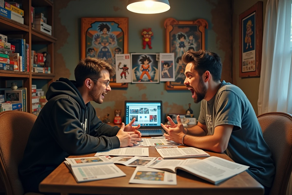 Deux fans adultes discutant de théories sur Black Goku et Vegeta Black autour de mangas et de documents imprimés dans une chambre de collectionneur