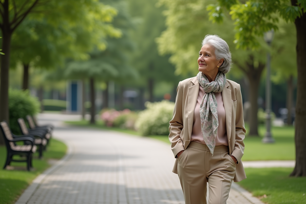 Femme de 70 ans se promenant dans un parc urbain