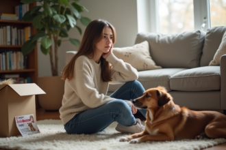 Jeune femme pensant avec un chien lors d'une adoption