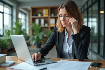 Femme d'affaires examine des factures sur un ordinateur portable