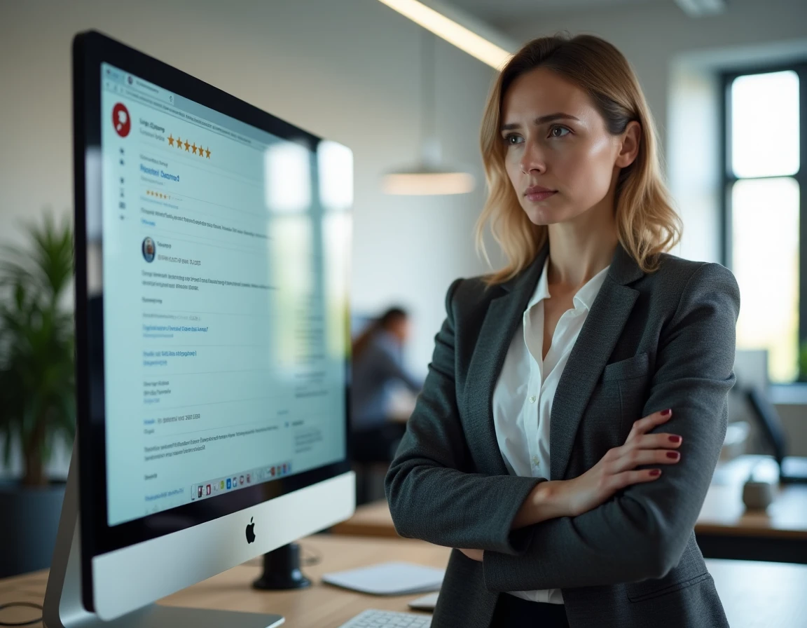 Une femme analyse des avis en ligne sur un écran d'ordinateur pour évaluer la fiabilité d'un service comme Monopoly Lien