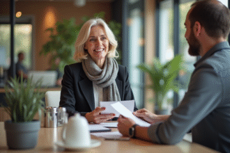 Femme française souriante avec blazer dans une banque moderne