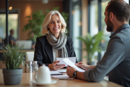 Femme française souriante avec blazer dans une banque moderne