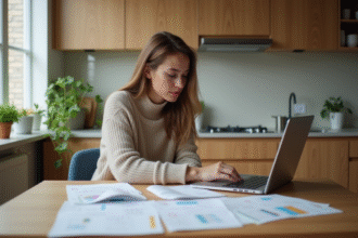 Jeune femme gérant son budget dans la cuisine