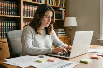 Femme analysant un texte corrigé sur ordinateur portable avec Reverso Correction dans un bureau à domicile