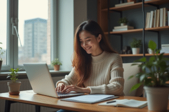 Femme au bureau à domicile travaillant sur son ordinateur