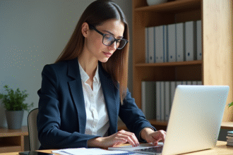Femme professionnelle consulte ses factures sur son ordinateur