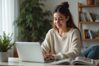Jeune femme au bureau regardant un site de musique