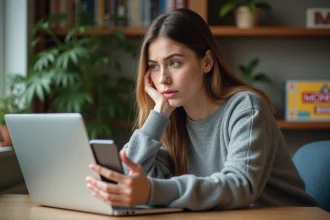 Jeune femme au bureau utilisant son ordinateur et smartphone