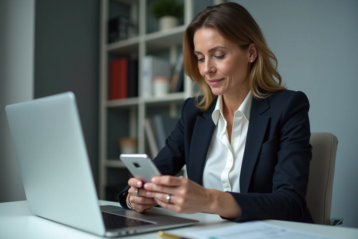 Femme professionnelle trouvant son numéro Lebara avec une carte SIM et un smartphone au bureau