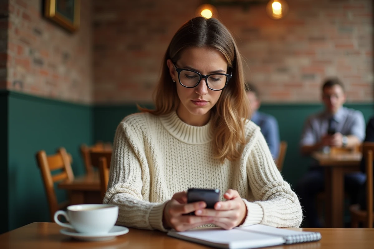 Femme au café concentrée sur son smartphone