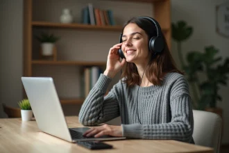Jeune femme portant un casque audio antibruit moderne, assise à un bureau en bois dans un bureau à domicile cosy, illustrant l'écoute musicale saine et la protection auditive avec la technologie