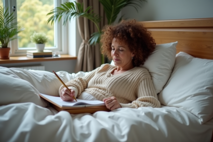 Femme d'âge moyen coloriant dans son lit avec des pyjamas confortables