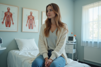 Femme réfléchie en consultation médicale dans une salle moderne