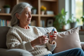 Femme examinant une bouteille de medicament dans un salon chaleureux