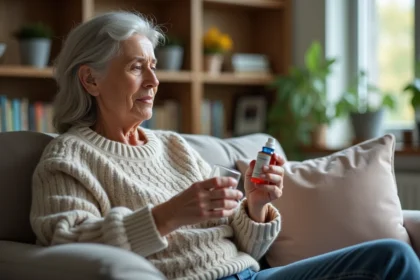Femme examinant une bouteille de medicament dans un salon chaleureux