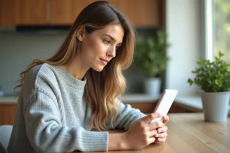 Jeune femme consultant son numéro Lebara sur son smartphone dans une cuisine moderne