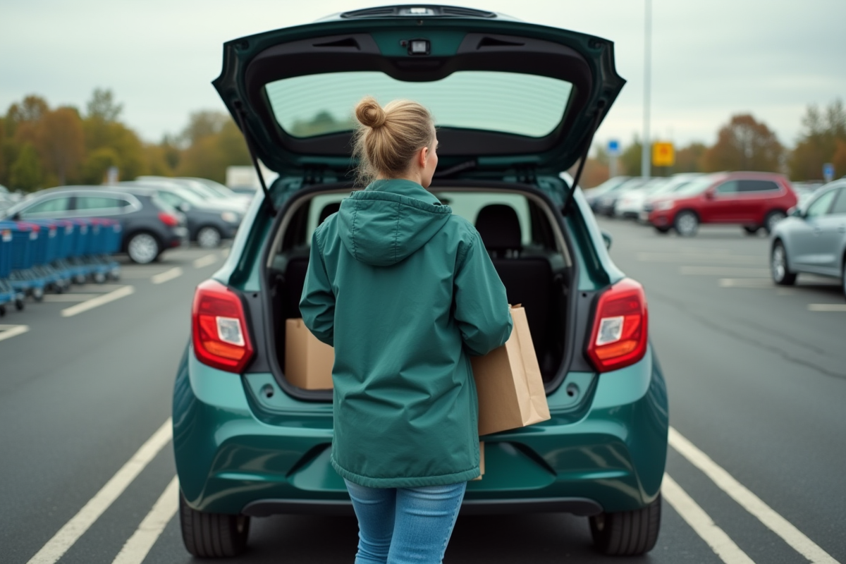 Femme chargant des courses dans une voiture en parking