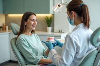 Femme d'âge moyen souriante dans une clinique dentaire moderne