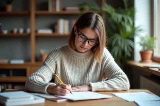 Femme en sweater et lunettes qui révise ses notes à la maison