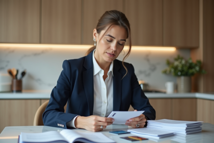 Femme d'affaires vérifiant ses cartes bancaires à la maison