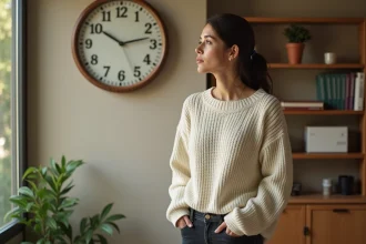 Femme regardant une horloge affichant 20h20, moment de réflexion sur l'amour et les signaux de l'univers