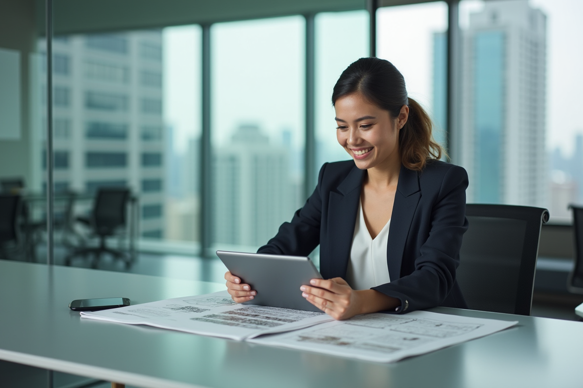 Jeune femme professionnelle analyse plans immobiliers sur tablette