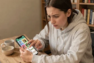 Jeune femme concentrée cherchant la solution d'un jeu 4 images 1 mot à 7 lettres sur son smartphone