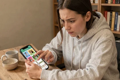 Jeune femme concentrée cherchant la solution d'un jeu 4 images 1 mot à 7 lettres sur son smartphone