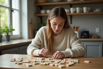 Jeune femme jouant avec des lettres dans une cuisine lumineuse
