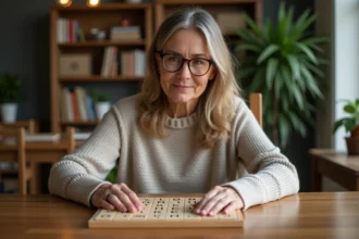 Femme concentrée jouant au Scrabble à la maison