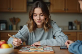 Femme jouant au Scrabble à la maison avec smartphone
