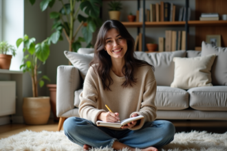 Femme confiante en salon cosy journalisant