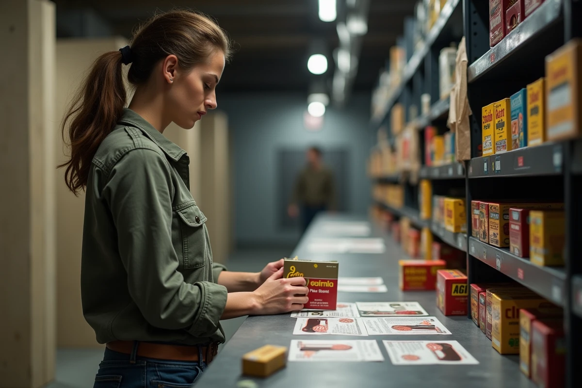 Femme lisant une boîte de munitions 9mm en intérieur
