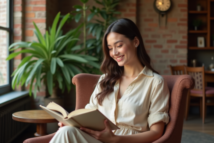 Jeune femme en robe beige dans un salon cosy d'hôtel