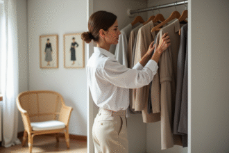 Femme minimaliste choisissant un vêtement dans une garde-robe lumineuse