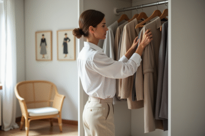 Femme minimaliste choisissant un vêtement dans une garde-robe lumineuse