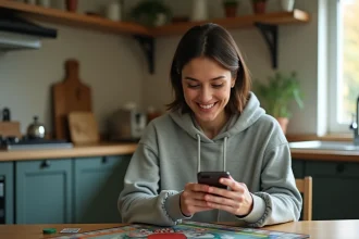 Femme jouant à Monopoly GO sur smartphone avec le plateau de jeu posé sur une table en bois