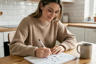 Femme concentrée résolvant un mot du jour Codycross dans un carnet de mots croisés à la table de cuisine