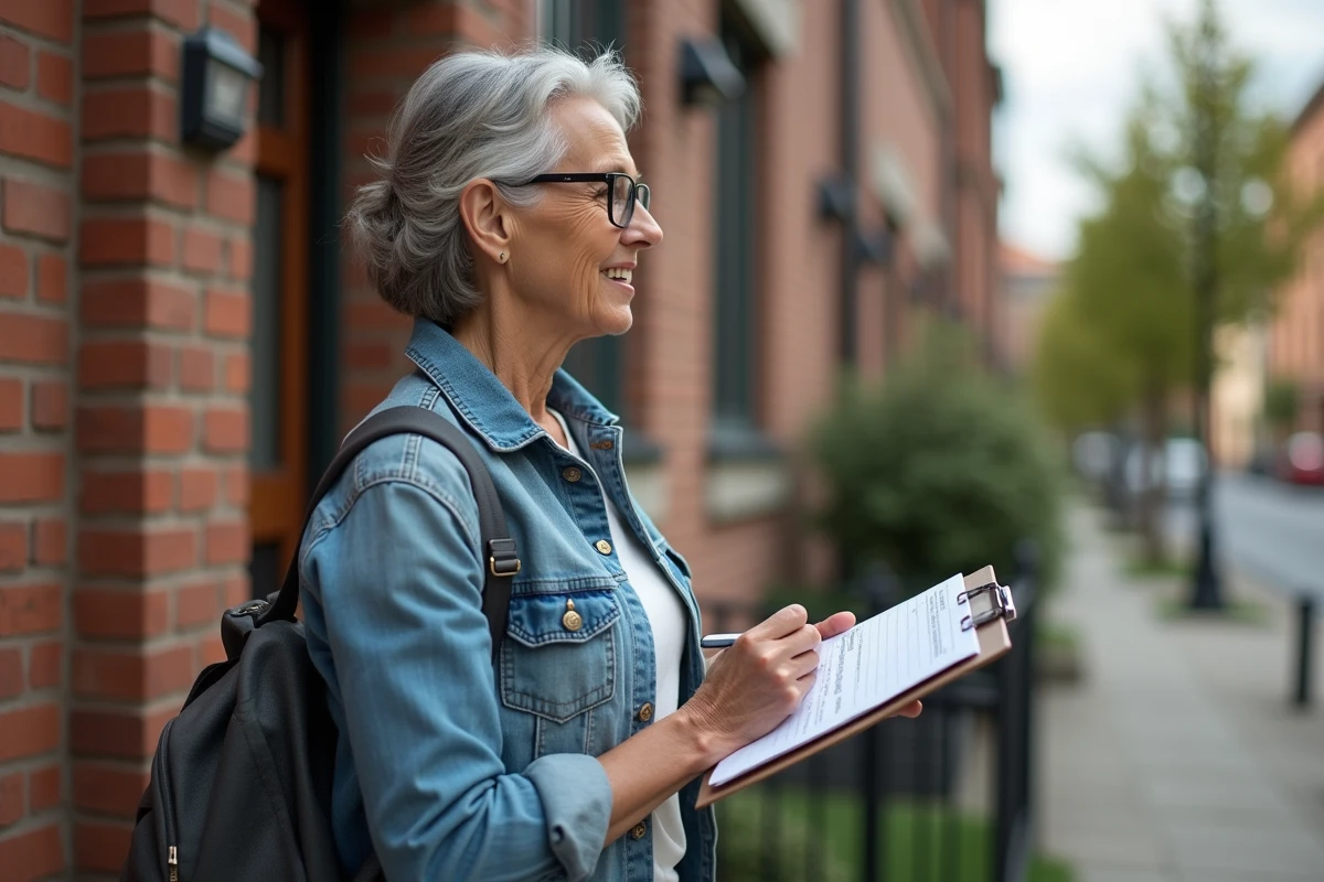 Femme observant la façade d’un bâtiment résidentiel en extérieur