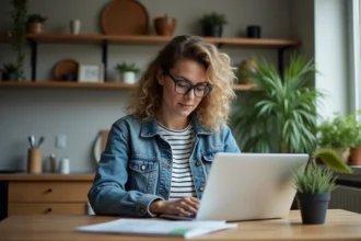 Femme en denim compare des cartes de Toulouse à la maison