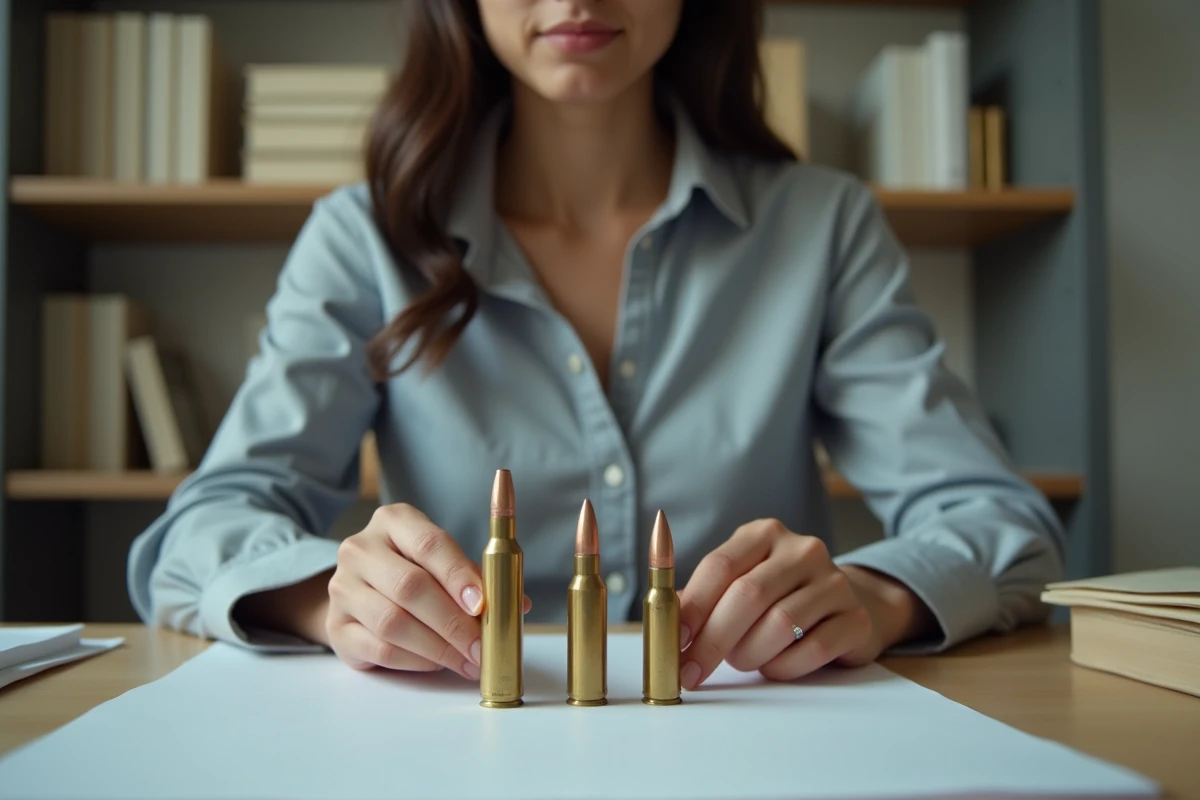 Femme organisant des cartouches 9mm sur un bureau intérieur