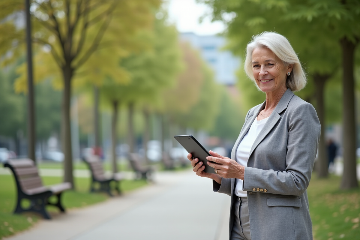Femme mature utilise une tablette dans un parc urbain