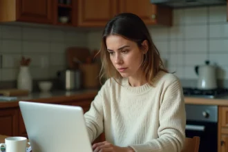 Femme consultant une plateforme de petites annonces en ligne sur son ordinateur portable dans une cuisine, expression sceptique face à une annonce suspecte