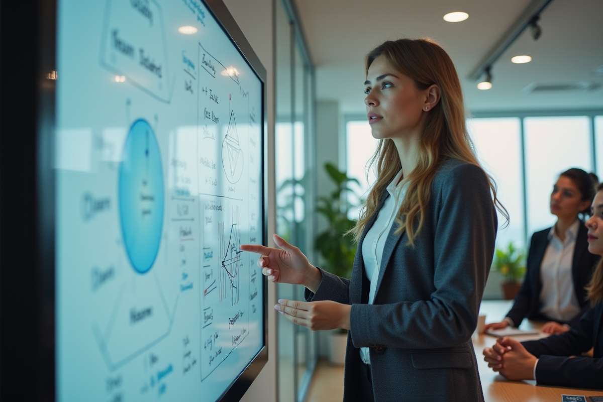 Femme expliquant des diagrammes de reseaux neuronaux sur tableau interactif