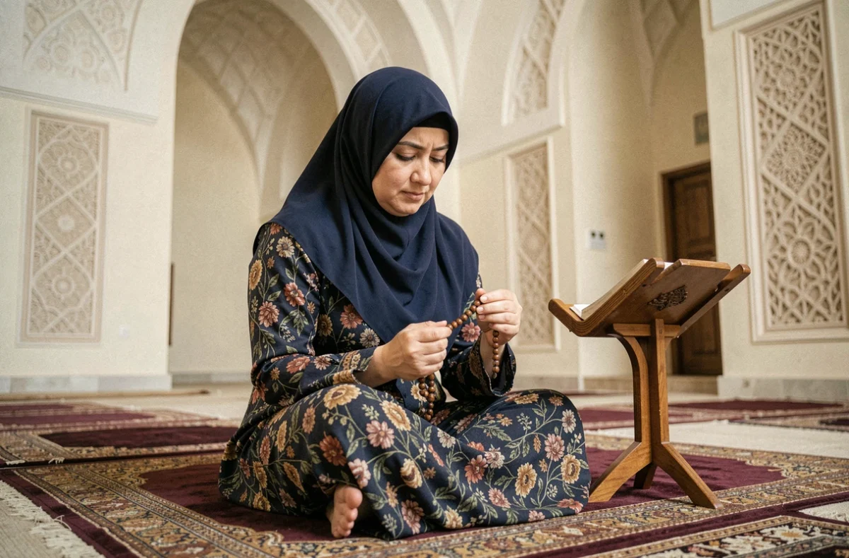 Femme musulmane en prière sur un tapis dans la salle de prière d'une mosquée à Marseille