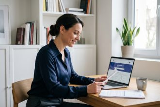 Femme professionnelle concentrée dans son bureau moderne