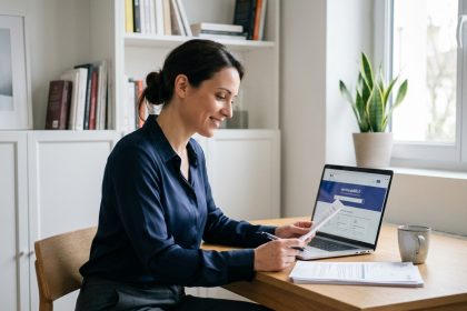 Femme professionnelle concentrée dans son bureau moderne