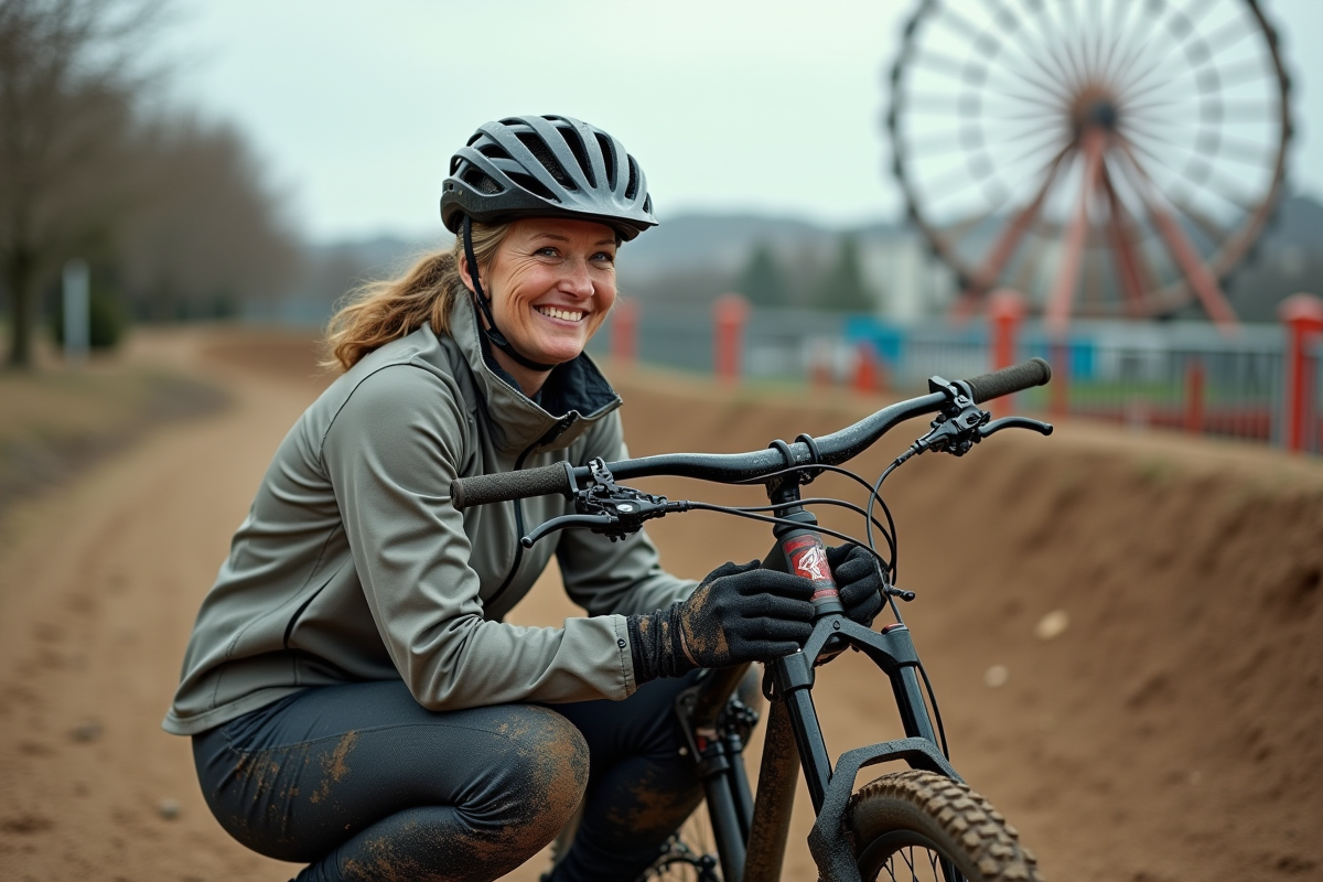 Femme ajustant son vélo tout-terrain sur le chemin de dirt