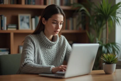 Femme consultant les paramètres de confidentialité sur son ordinateur portable pour sécuriser sa navigation en ligne